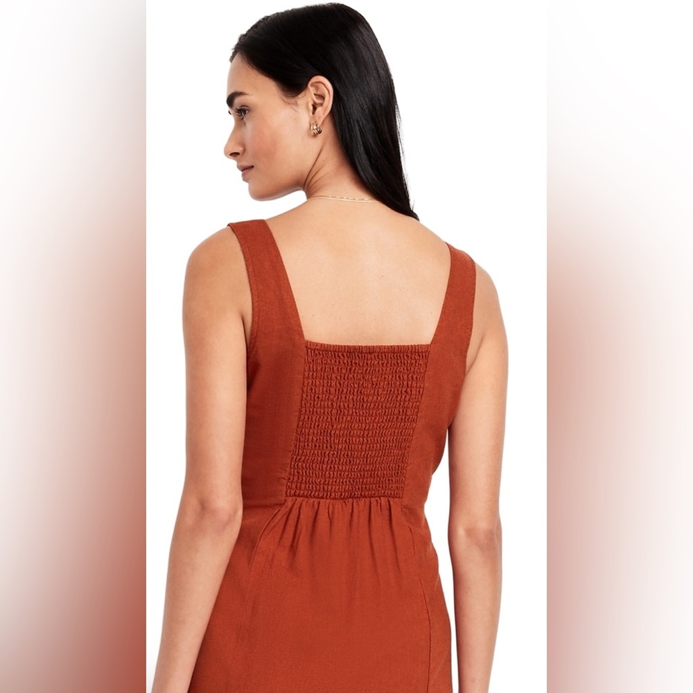 NWTS🍃GAP OLD NAVY XL🍃BRONZE AMBER SQUARE NECK LINEN DRESS W STRAPS BACK SMOCKING - Picture 8 of 15